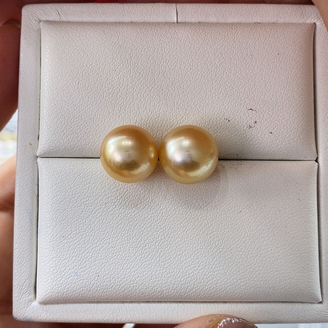 海水珍珠耳饰18K金镶嵌南洋金珠11-12m m