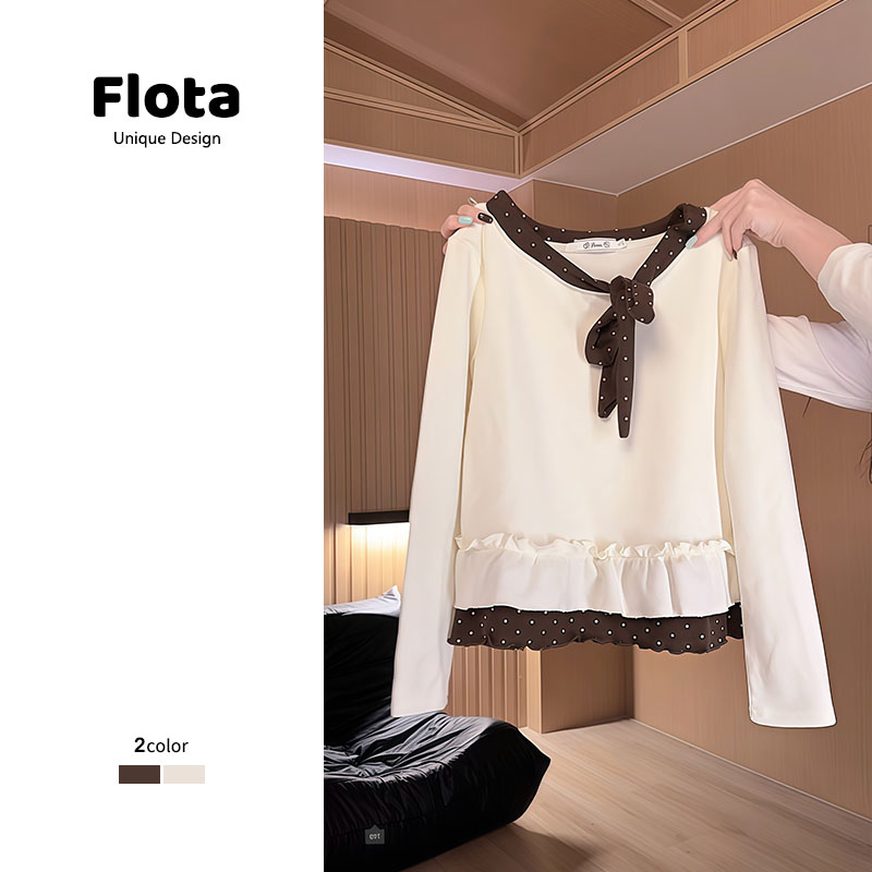 【flota】波点绑带蝴蝶结荷叶花边长袖女加厚内搭温柔针织上衣3136