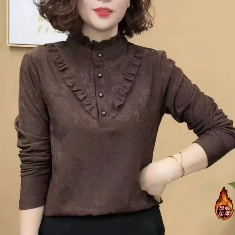 2025新款时尚洋气长袖花纹打底显瘦修身气质女士上衣保暖加绒