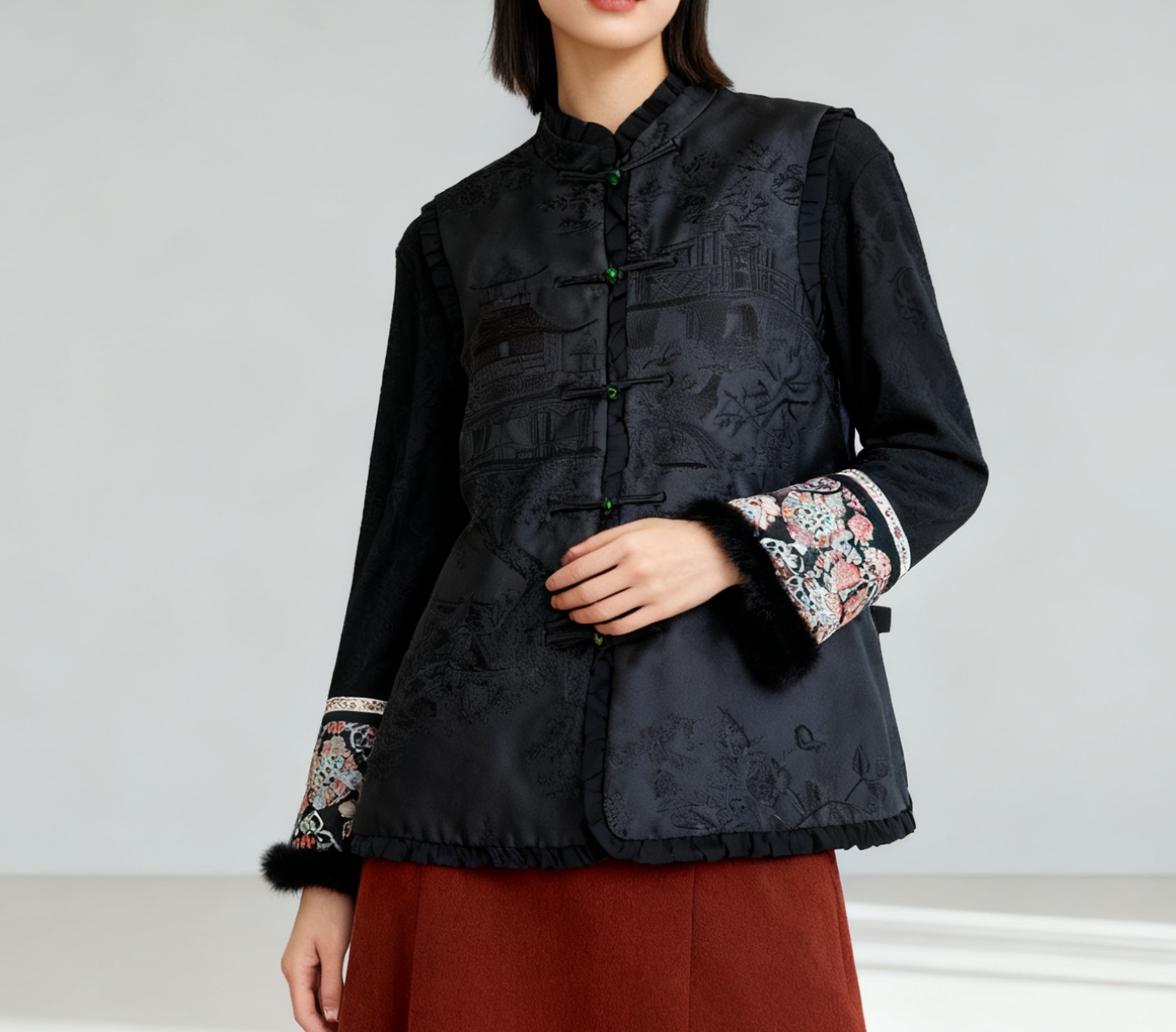 RONGRONG【亭台楼阁】秋冬马甲时尚复古刺绣蚕丝羊毛秋冬款9454