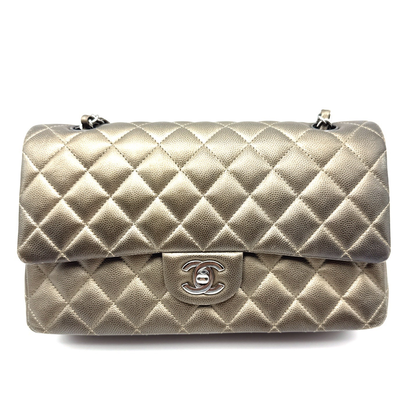 99新 Chanel/香奈儿 炭灰色cf牛皮荔枝纹中号23开有卡链条包