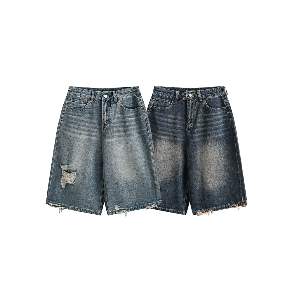 美式高街破洞牛仔短裤夏季潮牌水洗复古直筒宽松七分裤子-5955