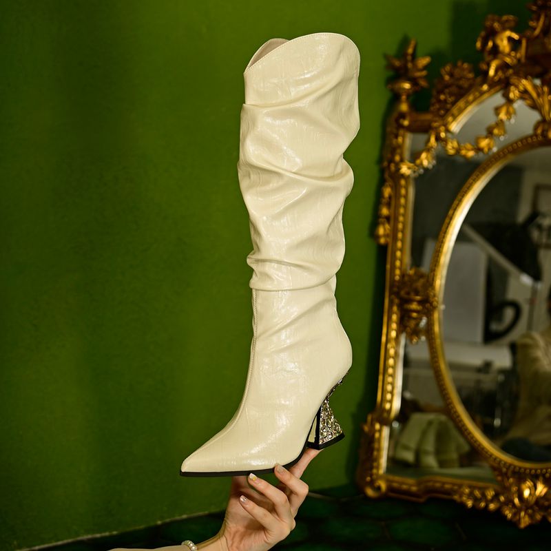 【DUOSI】8cm水钻粗跟高筒靴长筒高跟时尚长靴尖头时装靴V6585