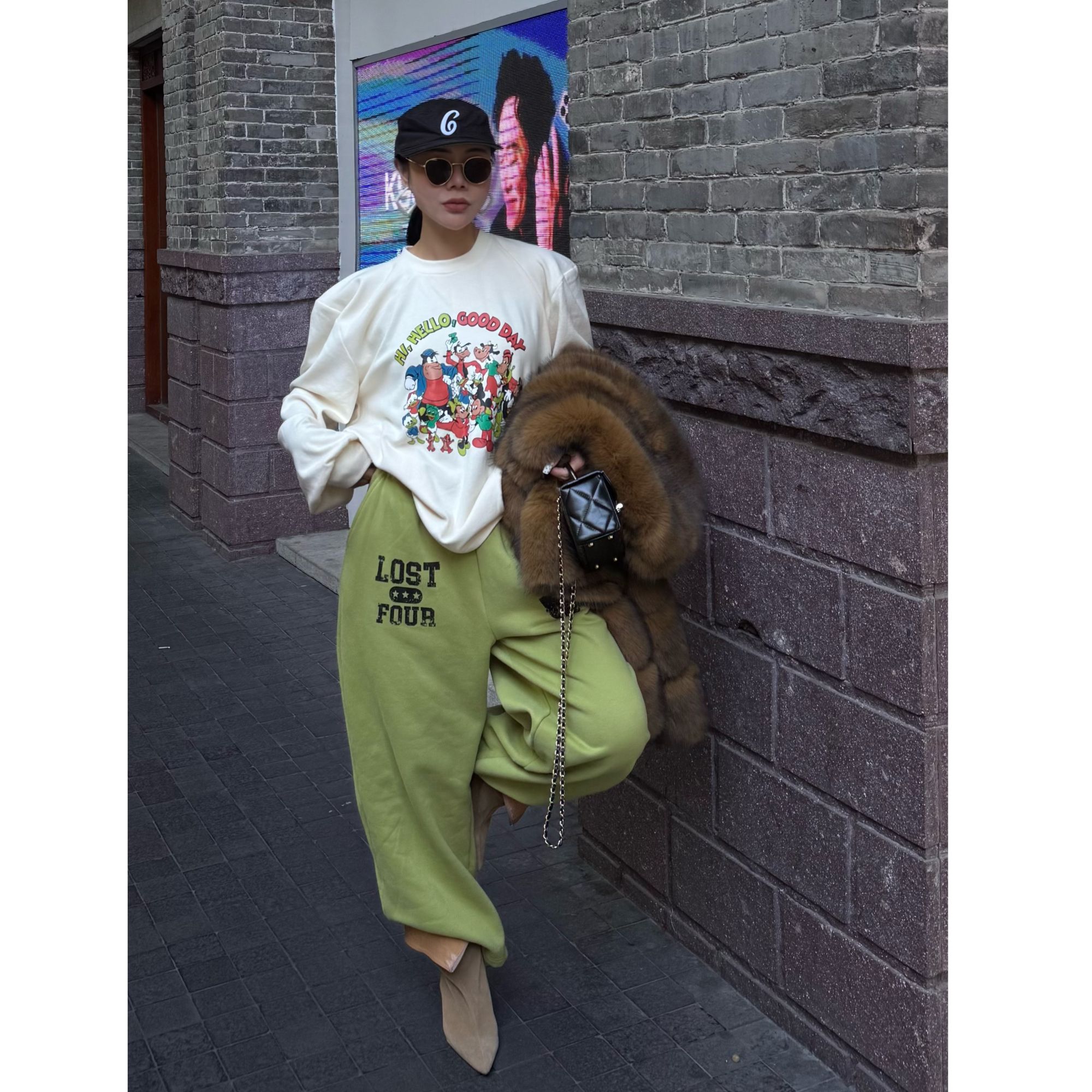 【美式飒感】吉吉小众别致立体肩印花长袖绿色加绒卫裤套装#3168