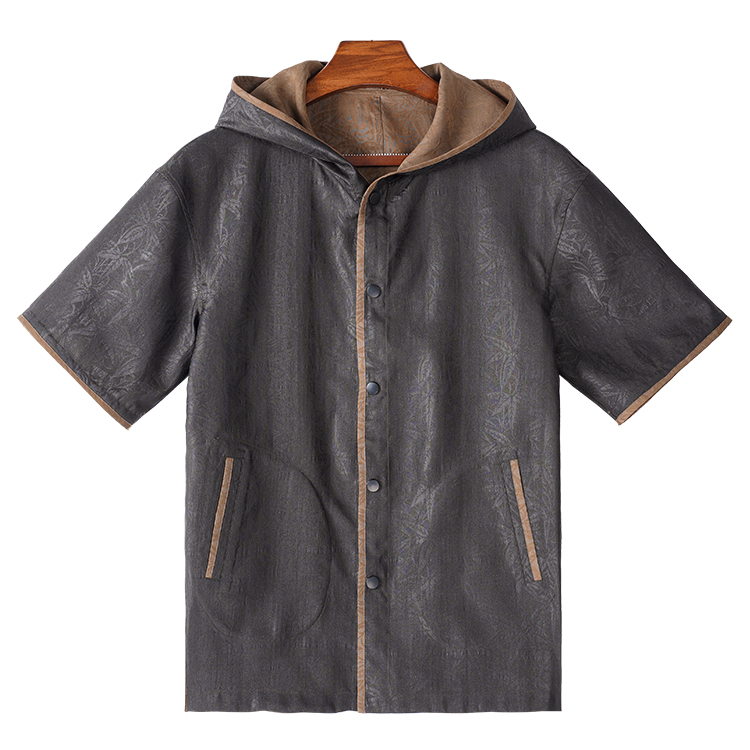 【看山看水】99476香云纱男装桑蚕丝花萝连帽短袖开衫新中式上衣