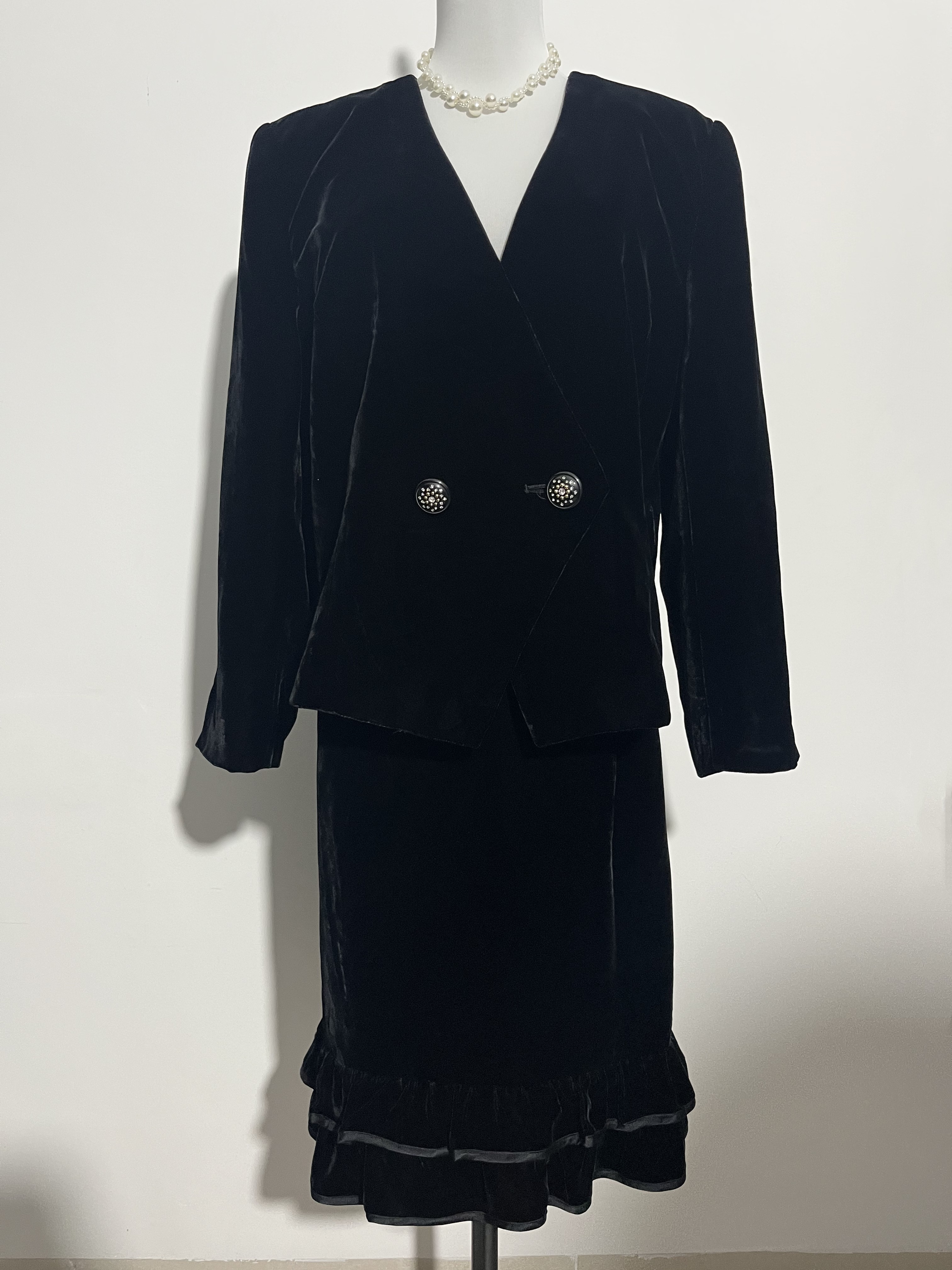 古着vintage中古设计款日韩秋冬金丝绒复古风连衣裙西装外套