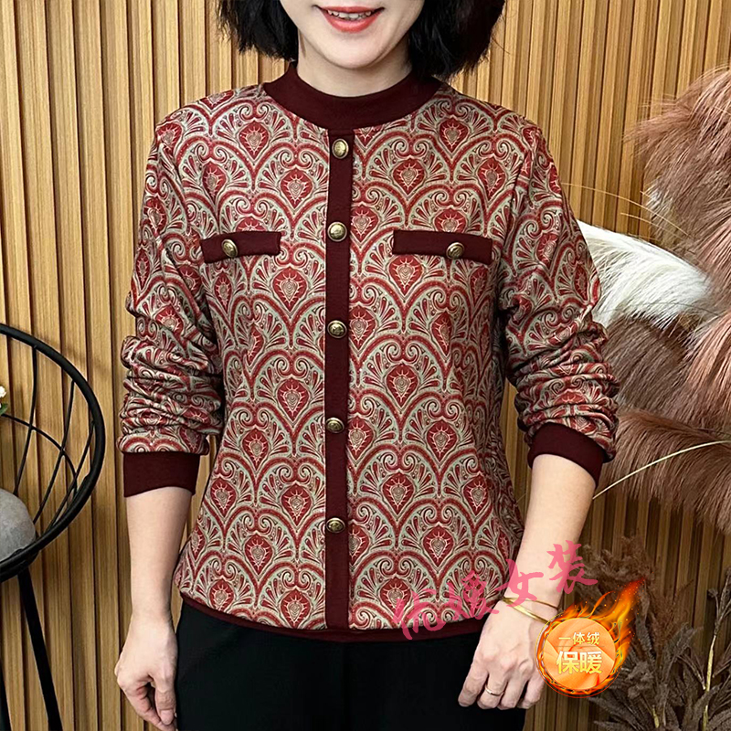 中老年女装秋冬新款半高领印花宽松显瘦百搭洋气妈妈装长袖上衣