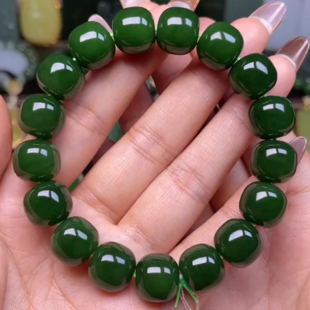和田玉碧玉菠菜绿老型手串13mm