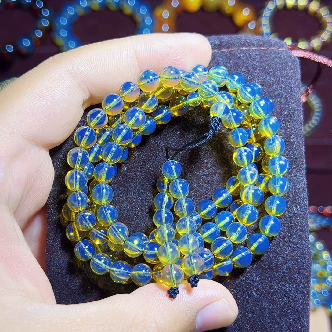 蓝珀珠宝奇石未镶嵌6.8mm墨西哥蓝珀108佛珠项链净水