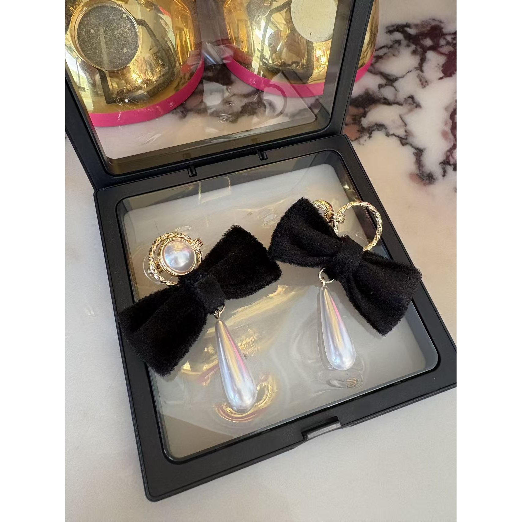 非金属布艺耳饰 黑丝绒珍珠吊坠耳环