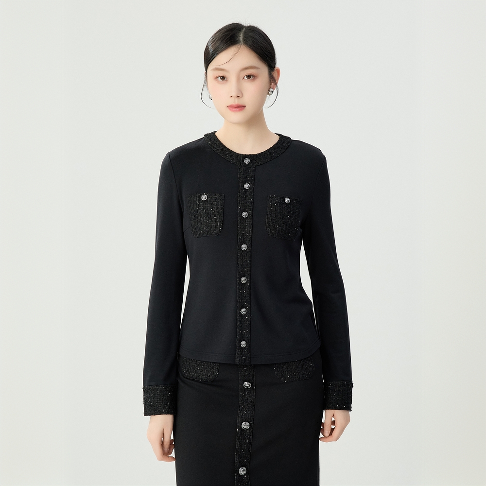 哥弟 领精致小香风粗花呢拼接设计时尚打底秋冬长袖上衣1300932