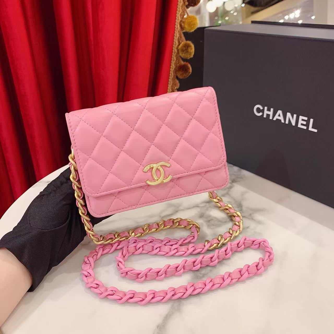 95新 Chanel/香奈儿 GGS香奈儿双层woc mini粉色金扣羊皮43858246