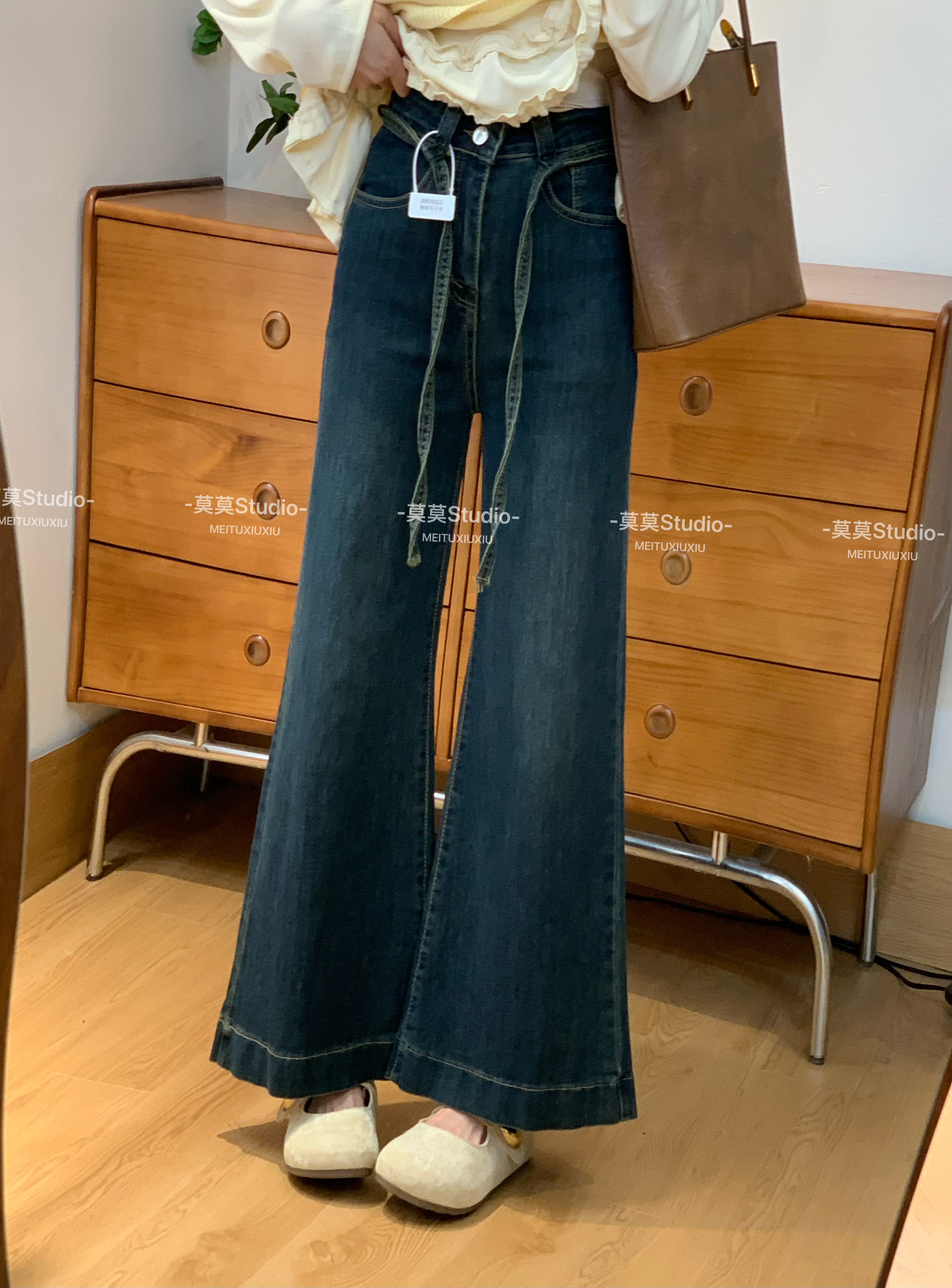 复古蓝阔腿牛仔裤女秋2025新款小个子高腰宽松垂微喇叭裤子576