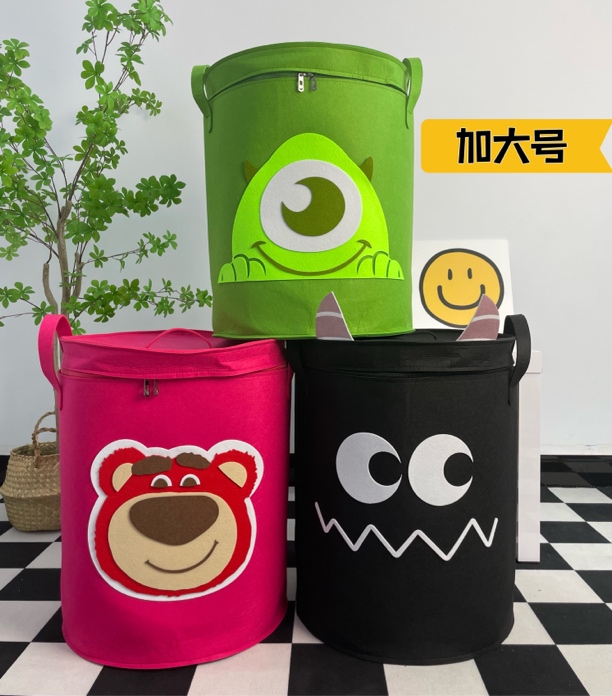 大号80升卡通带盖拉链毛毡儿童玩具桶零食圆桶脏衣桶