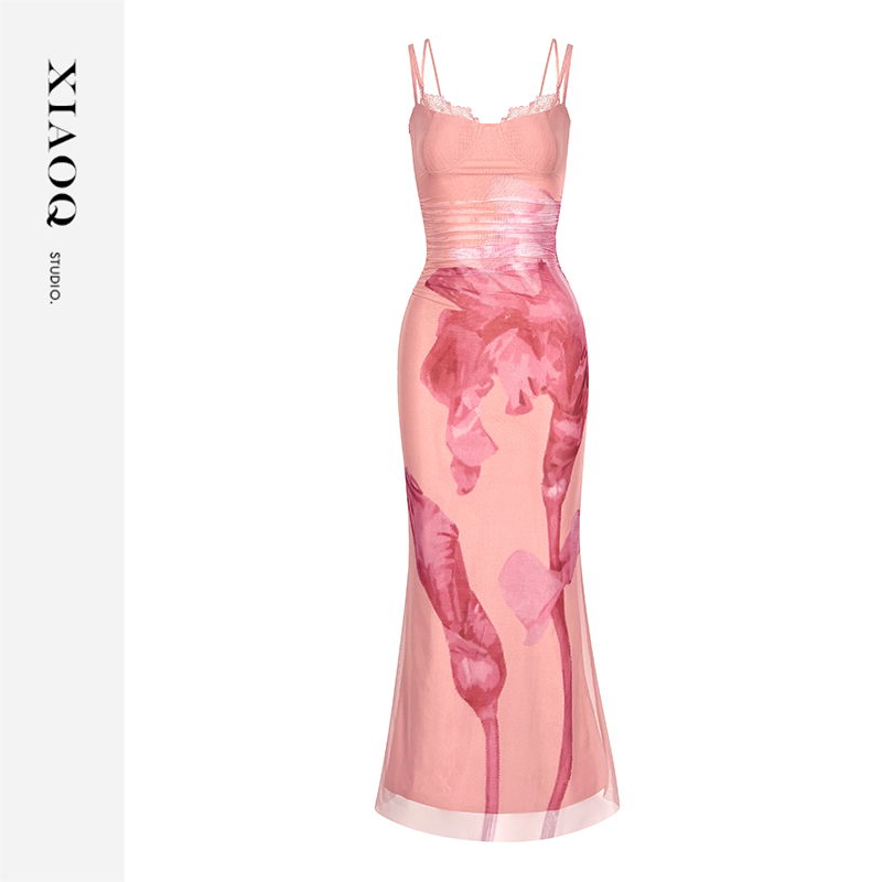 【小Q家】76584气质印花夏季吊带鱼尾连衣裙T