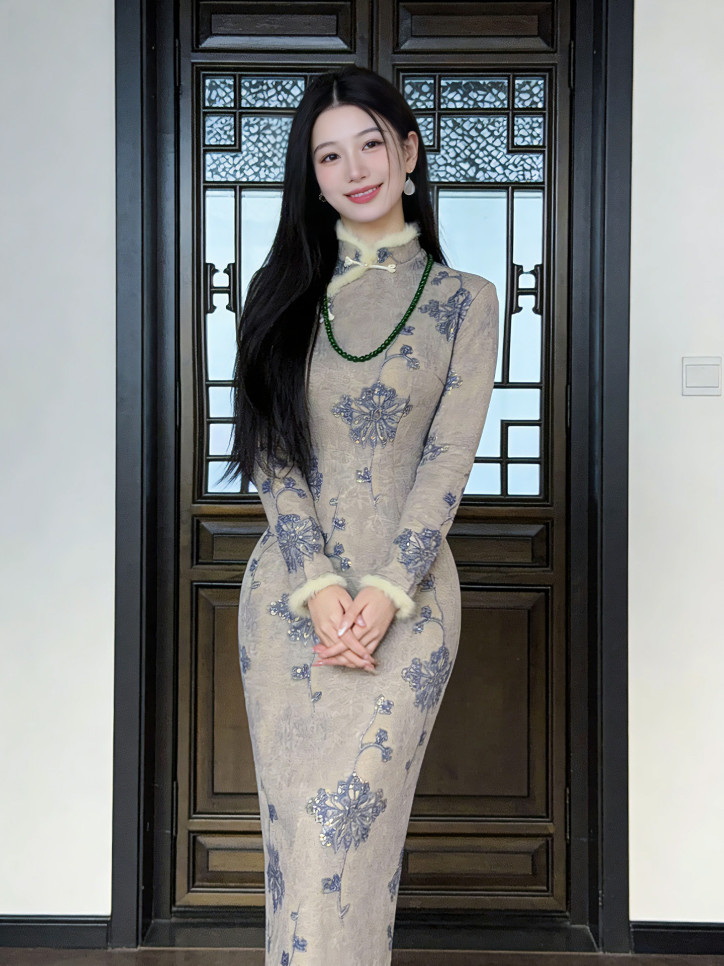 厚款针织真毛冬装旗袍新中式日常改良旗袍加绒连衣裙青花瓷珠帘