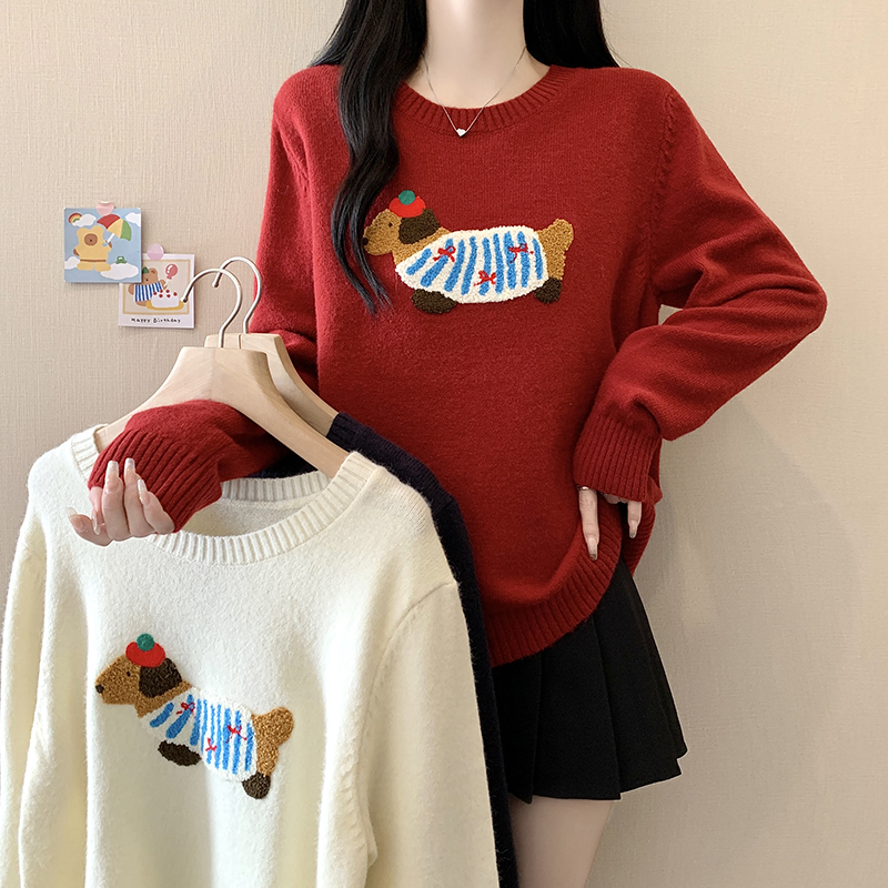 71668（34 35）秋装新款大码女休闲百搭刺绣韩系慵懒可爱毛衣上衣