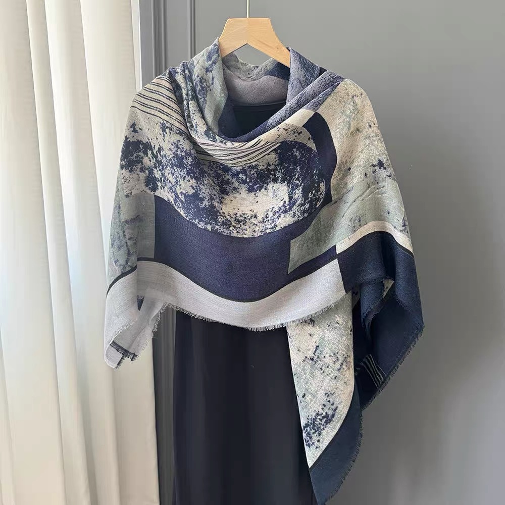 【135丝毛  藏青几何】丝巾围巾高级披肩送礼复古国风双面