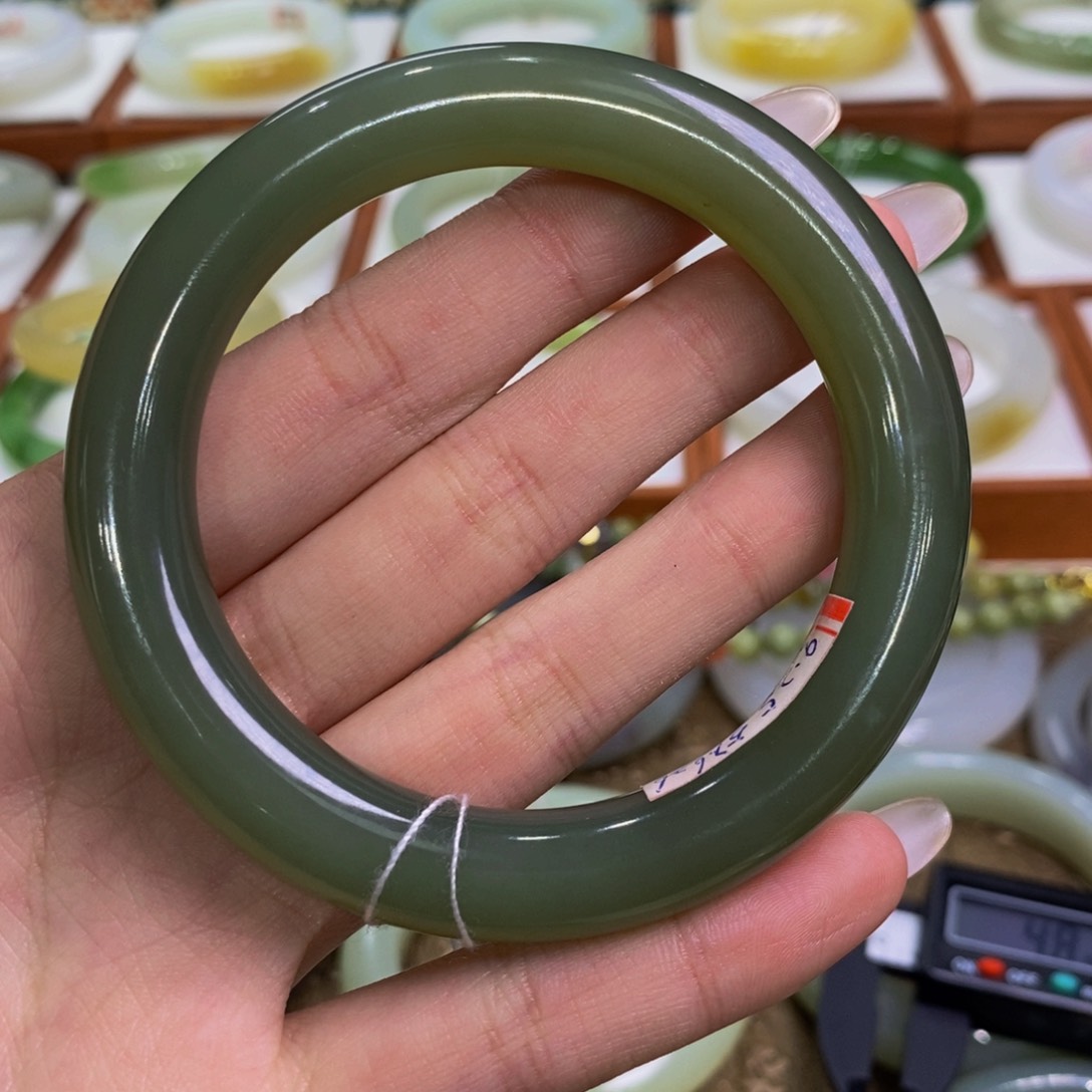 和田玉手镯未镶嵌青海湖水绿圆条57-58