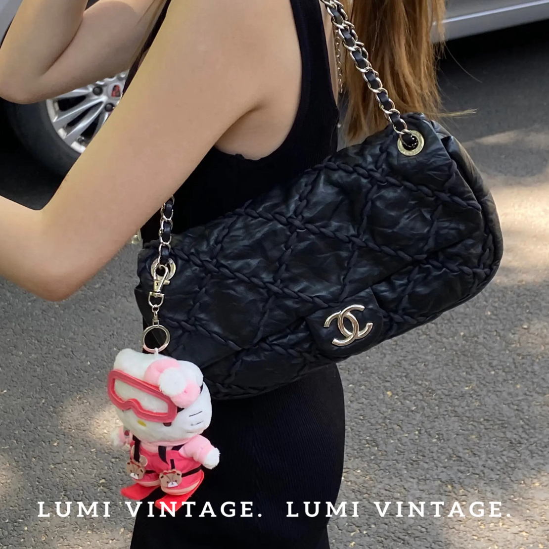 95新 Chanel/香奈儿 黑色牛皮褶皱机场单肩包89347927