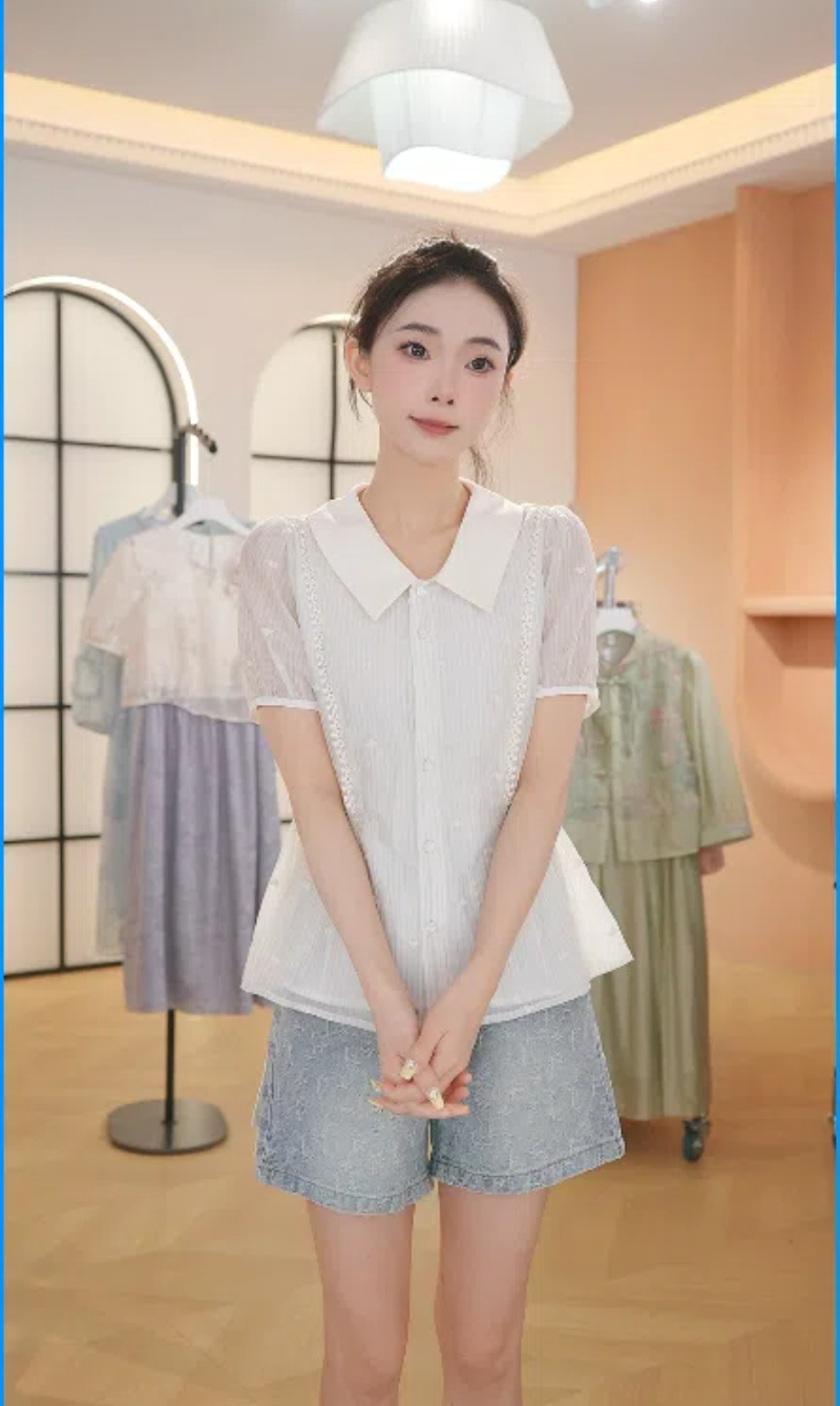 F2896夏季气质翻领单排扣衬衫女显瘦小个子洋气拼接花边短袖衬衣
