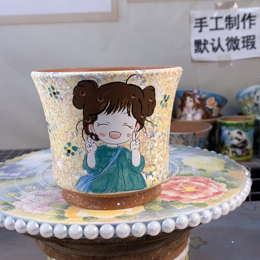 紫砂花盆豆*米红陶手绘花盆