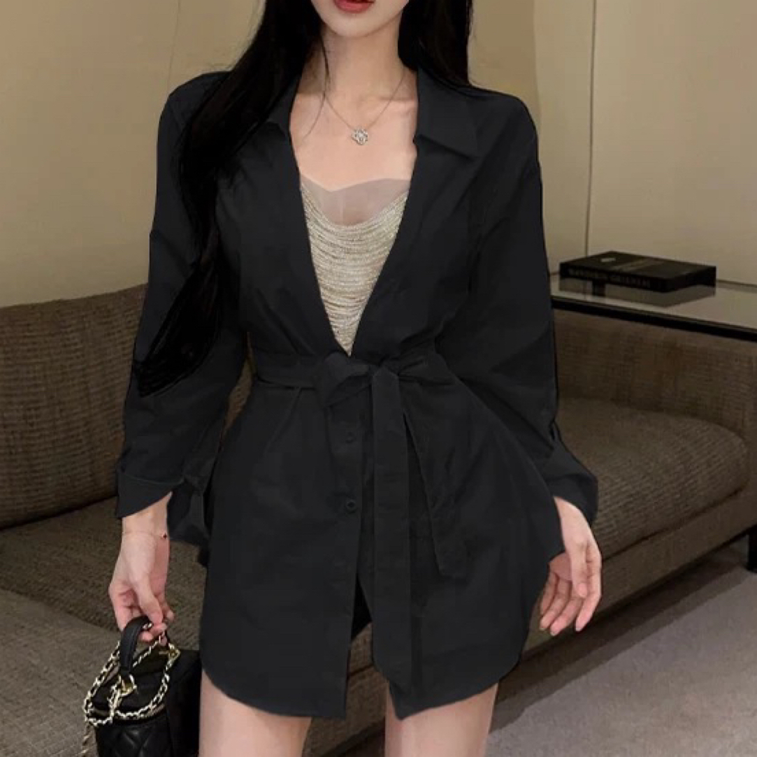 【海南肉丝】1319重工亮片高级感绑带中长款衬衫