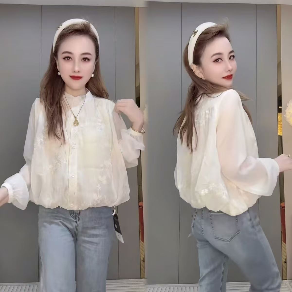 网红气质时尚百搭长袖衬衣圆领宽松显瘦洋气打底衫蕾丝设计感春季