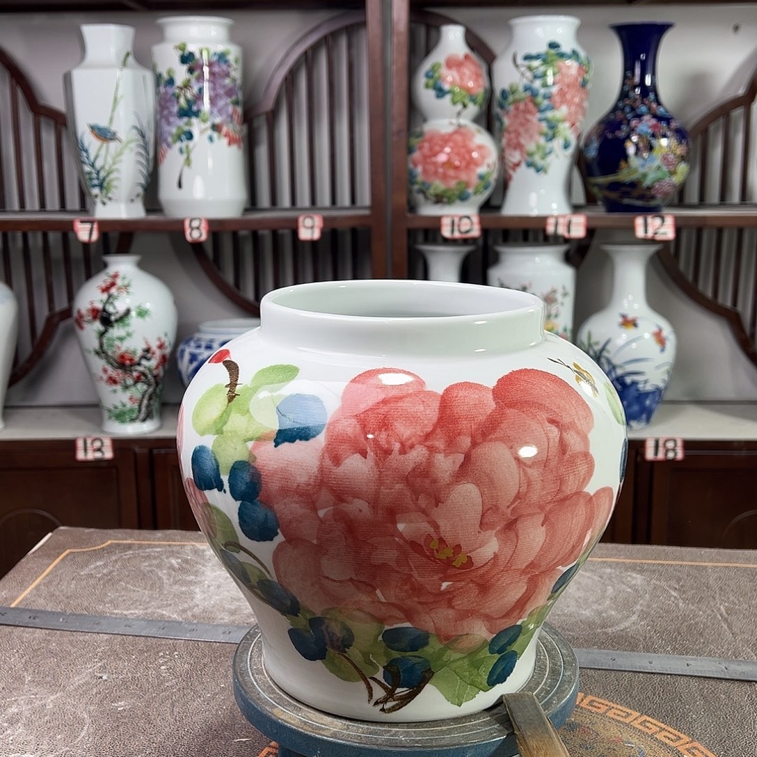 摆件陶景德镇陶瓷大口红牡花