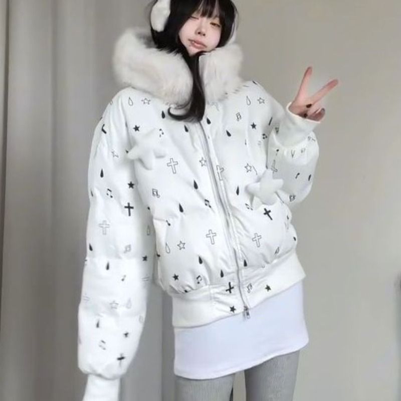 立体日系甜美星星立体满印毛领连帽棉服女冬季新款百搭保暖面包