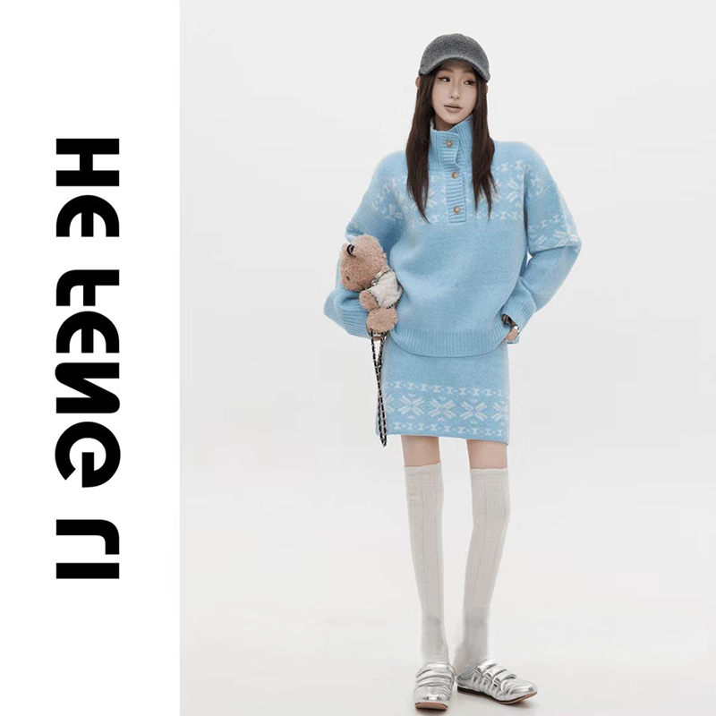 【费尔岛梦境】秋冬新款时尚套装复古慵懒风高领毛衣针织高腰短裙女