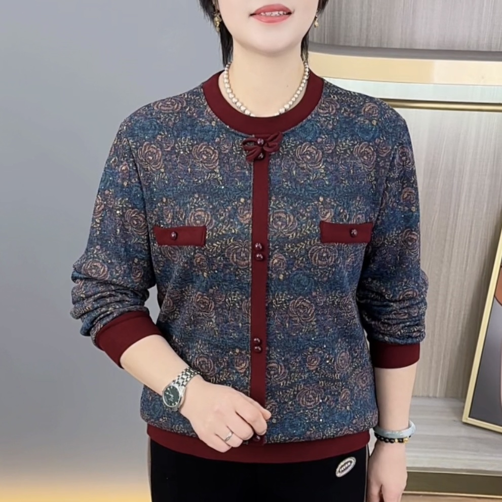 秋冬新款精致圆领时尚印花加绒打底上衣休闲保暖气质妈妈装H6661