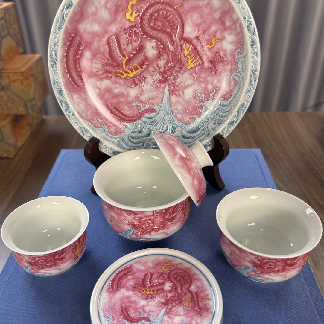 景德镇胭脂龙吸水茶具五件套