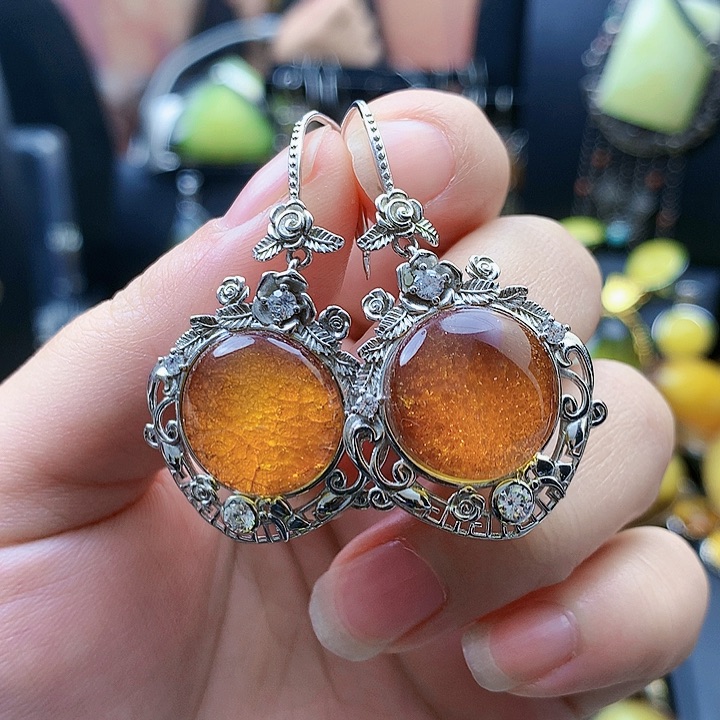 琥珀裸石银S925镶嵌耳坠