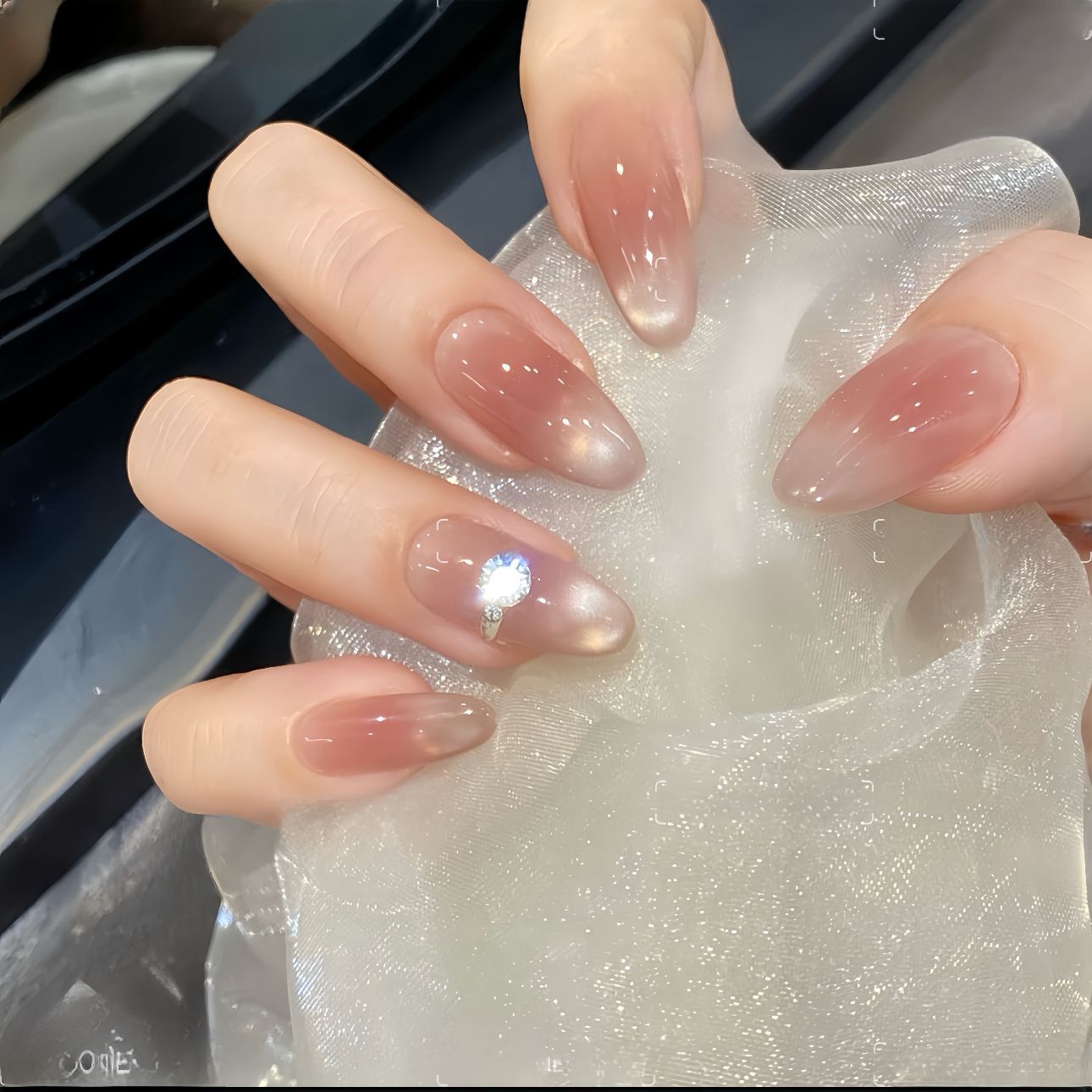 手工穿戴甲【一见倾心】玻璃珠猫眼高级感显白裸色美甲精品纯手作