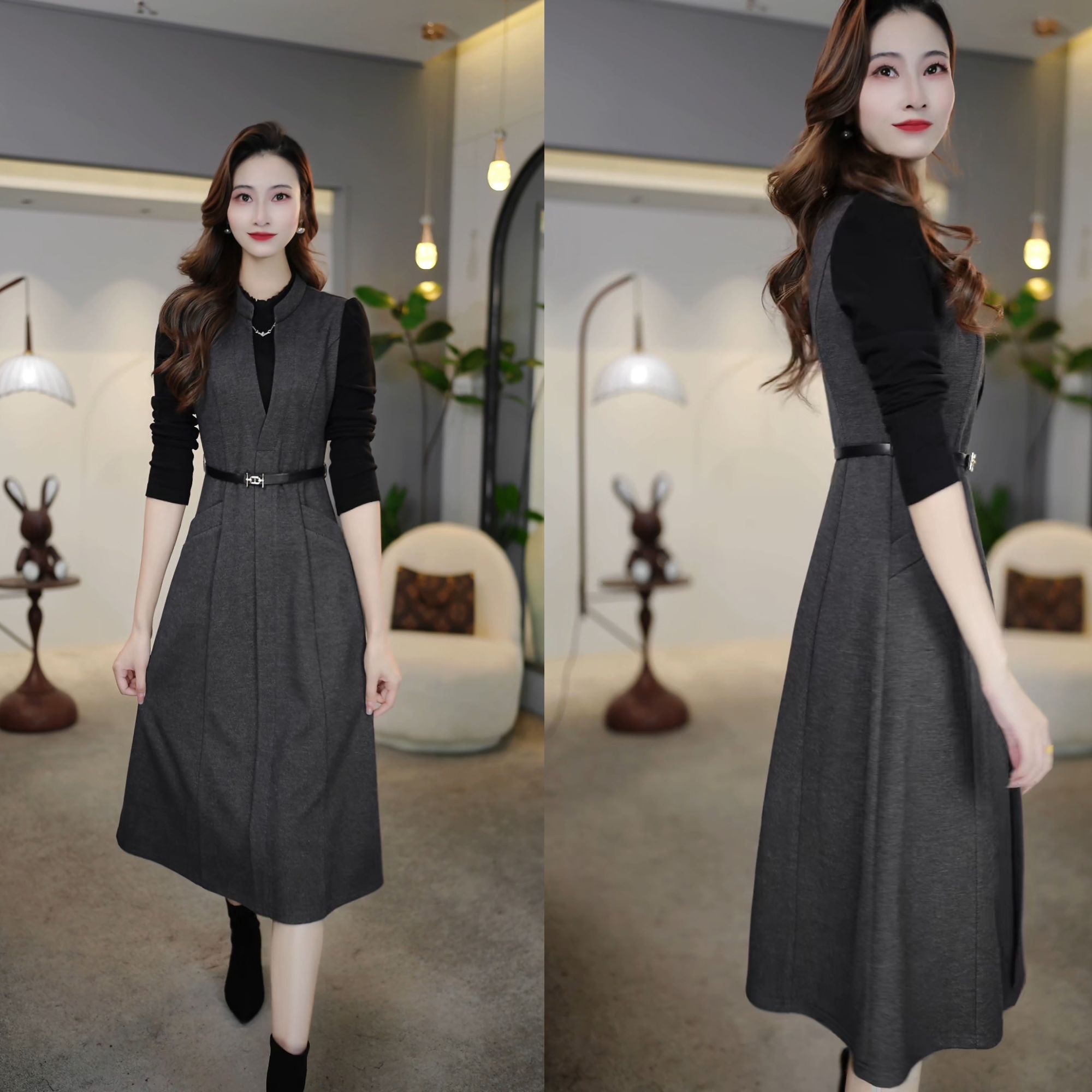 2024秋冬新款灰色V领冬季大气简约干练打底假两件连衣裙