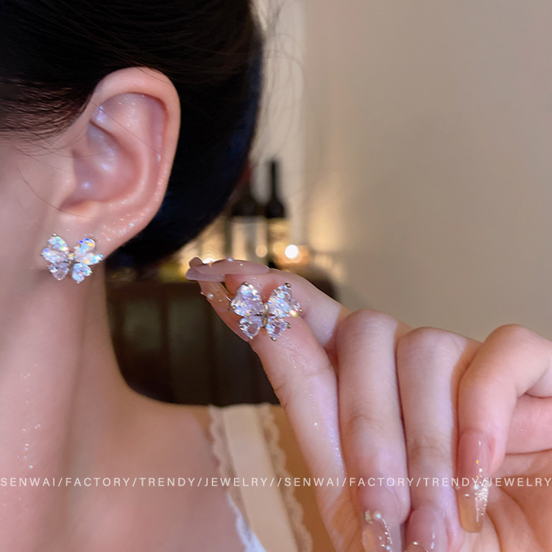 黄铜锆石耳饰 爆闪锆石蝴蝶耳环女轻奢精致高级感小众气质耳钉