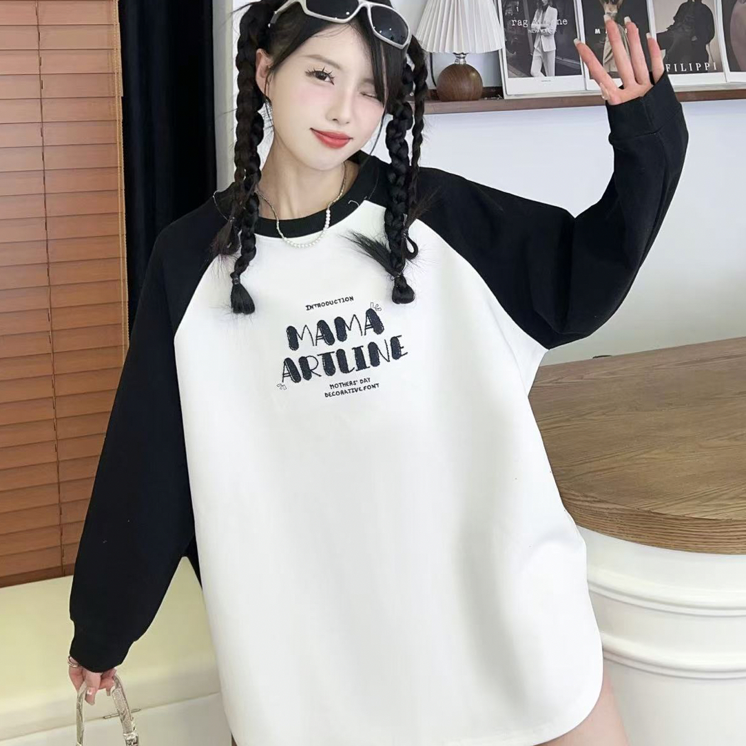 （实体店品质）孕妈妈秋季新款棉前刺绣字母弧形长款宽松卫衣