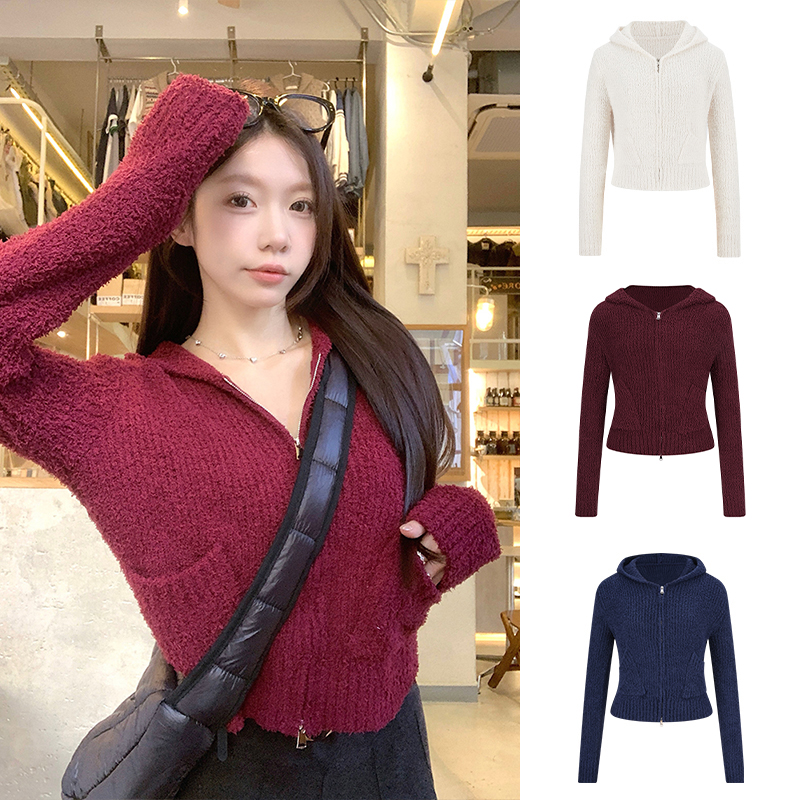 Moses Queen/魔西女王小个子连帽毛衣半边绒针织衫短外套显瘦开衫