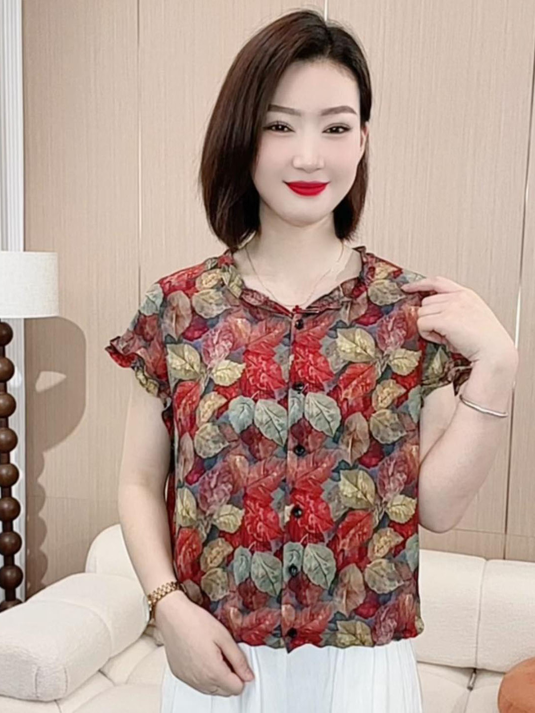 时尚花边领凉快透气衬衫G中年女装休闲遮肉大码2025夏季短袖上衣