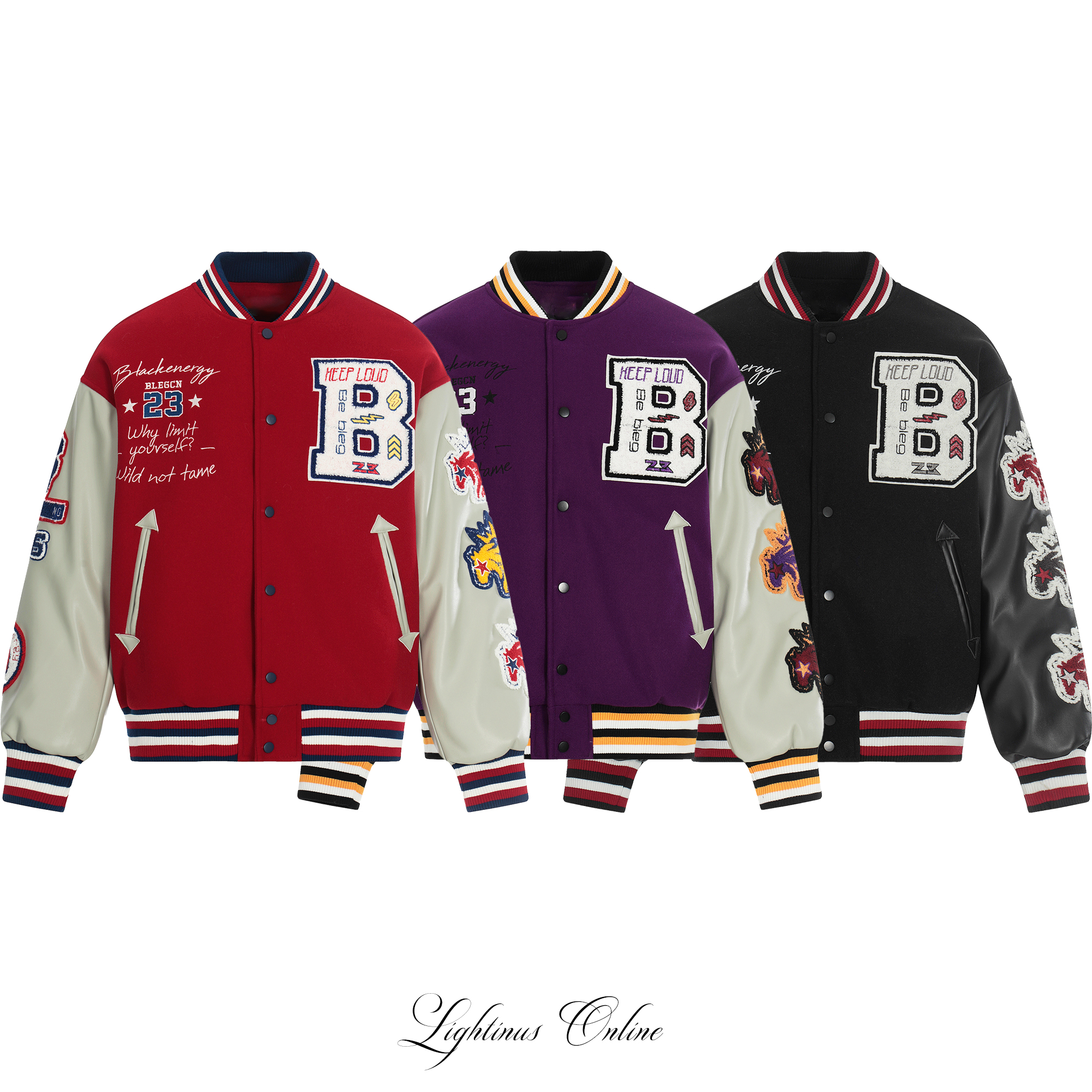 Lightinus 美式嘻哈撞色重工毛巾绣植绒棒球服短宽夹克外套