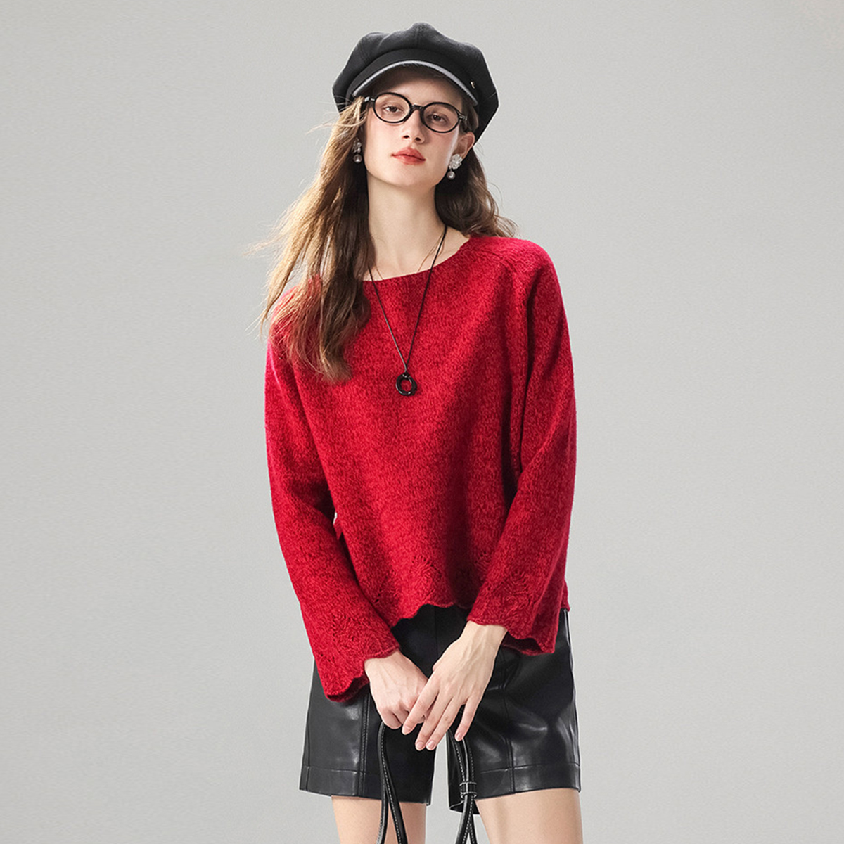 【含羊绒】赛兔羊毛衫女秋冬新款设计感波浪下摆针织衫毛衣女打底衫