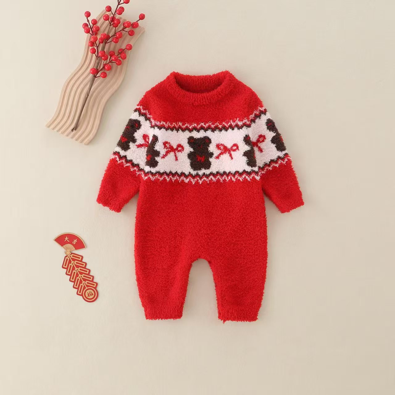 ONE BABY婴儿衣服2025新款红色婴幼儿冬装宝宝圣诞衣服毛衣连体衣