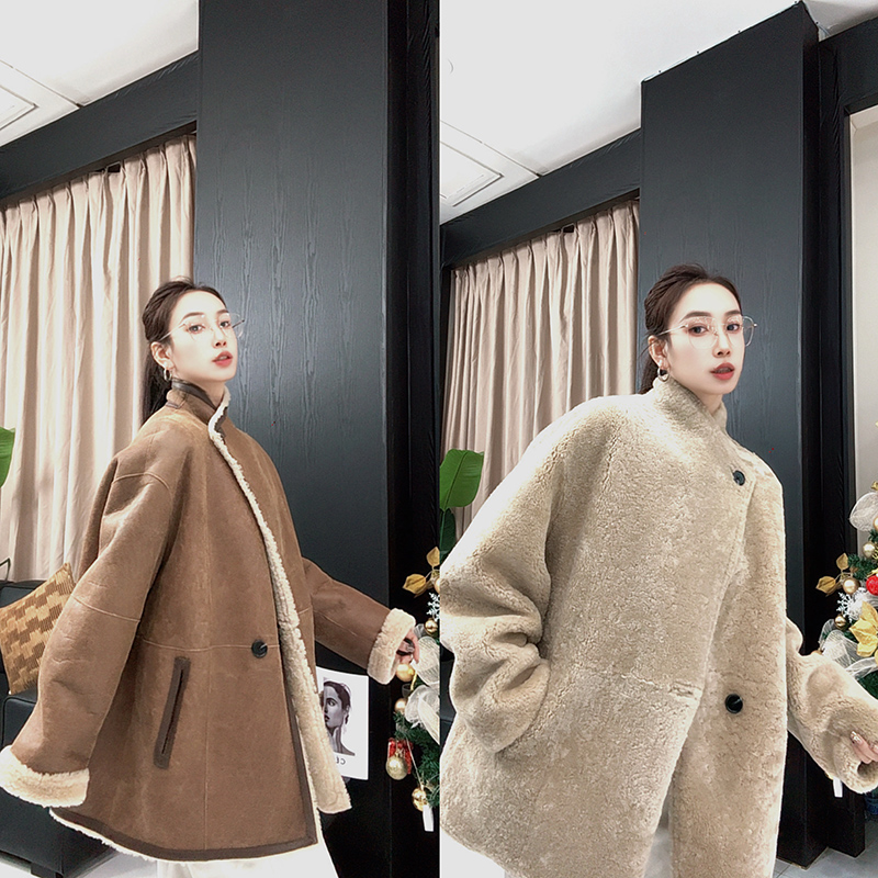 海宁2025冬新款两面穿韩系羊毛大衣皮毛一体外套女羊毛天然皮草潮