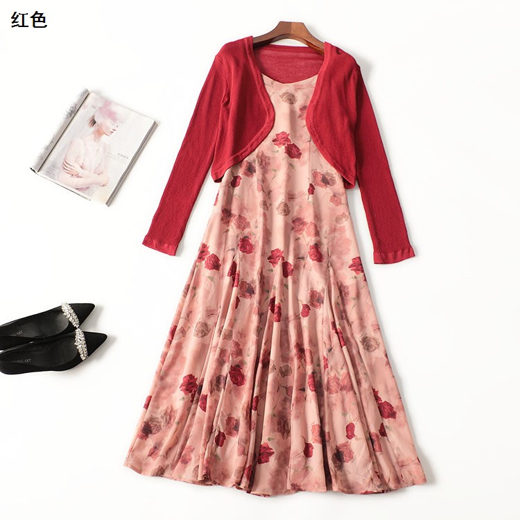 246023春加长款长袖V领披肩长裙套装裙子连衣裙碎花