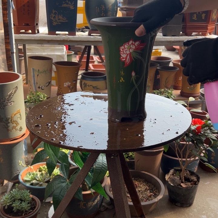 宜兴紫砂花盆一念花开绿色小号