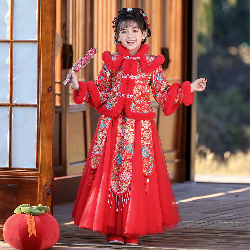 红色女童拜年服加厚冬季儿童古风套装女宝宝喜庆过年装冬装