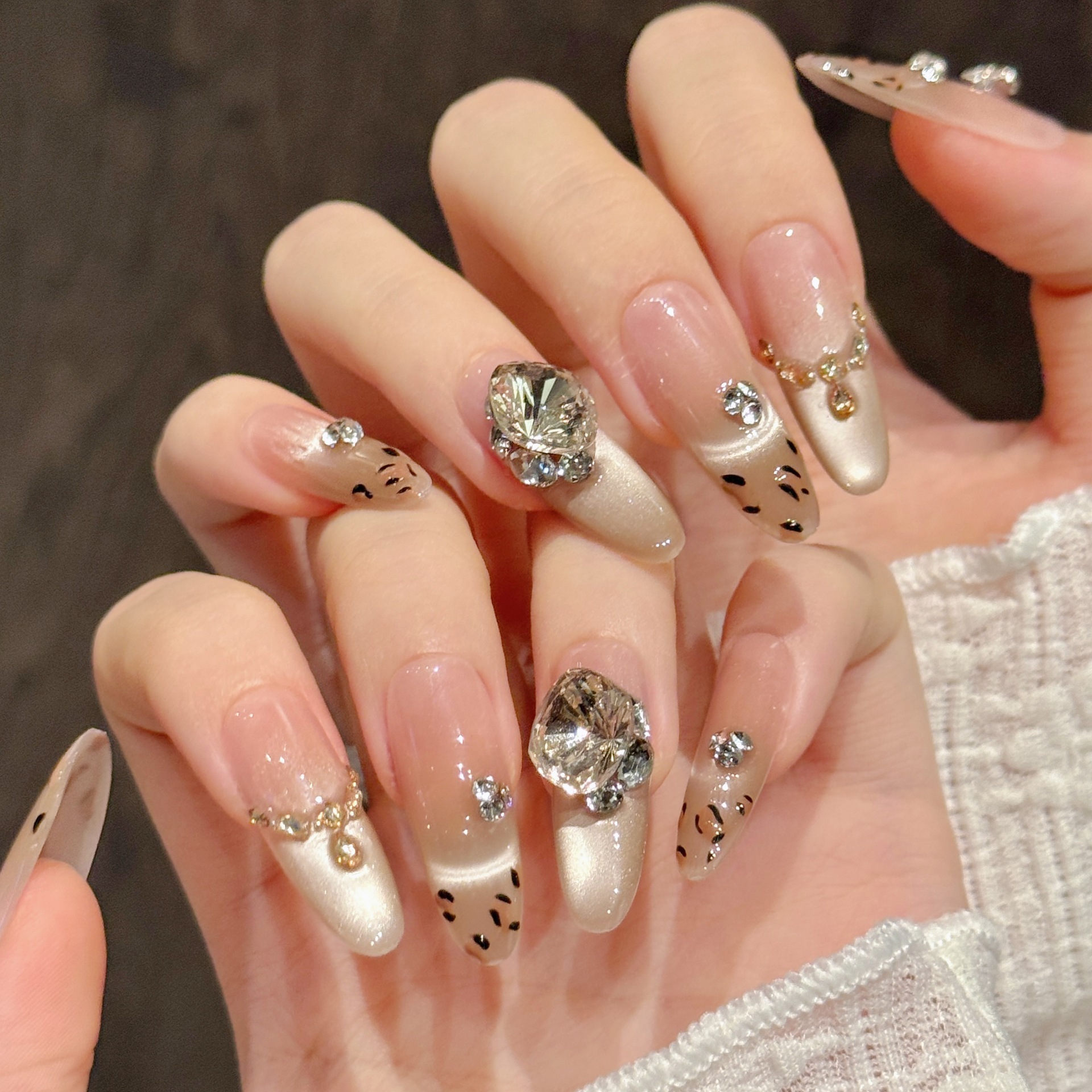 【枫糖豹纹】腮红晕染高级感猫眼豹纹秋冬显白手工穿戴甲美甲长款