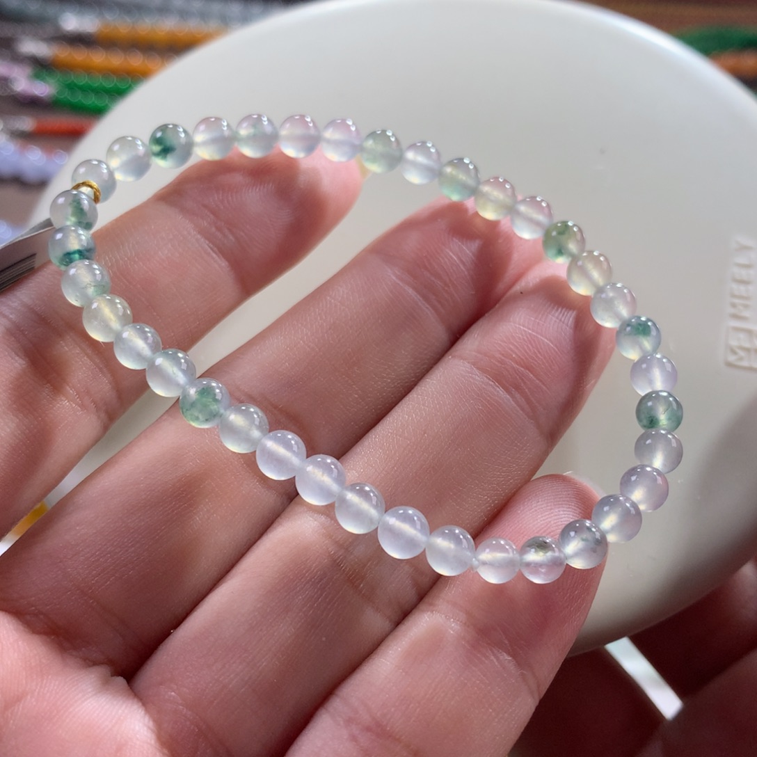 翡翠未镶嵌手链充分大漏*高冰波冰咖色飘绿花卡4.30～5+