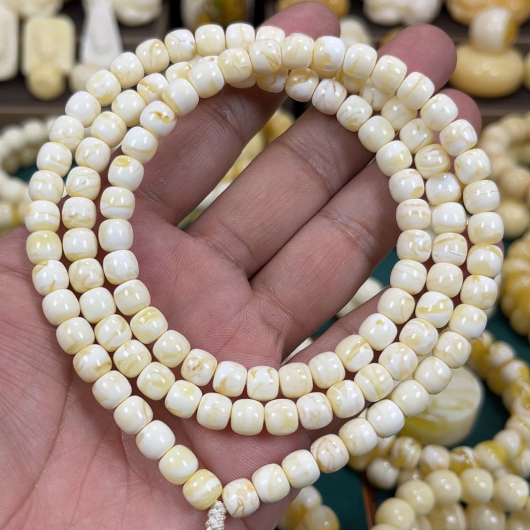 琥珀手链未镶嵌瓷白花精工老邢108珠7mm
